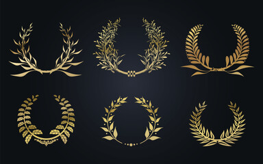 Set of golden laurel wreaths with ribbon. Vector on black background	