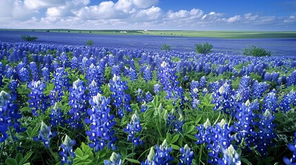 A picturesque view of an expansive field filled with blooming bluebonnets stretching to the horizon, under a clear blue sky with fluffy white clouds creating a serene landscape.