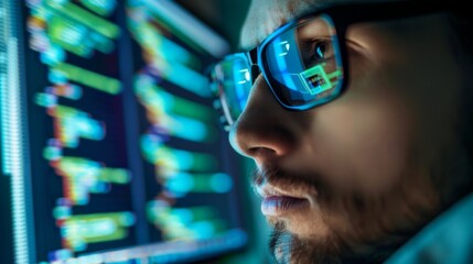 Focused programmer analyzes coding data while working at a desk in a dimly lit room, showcasing digital screens filled with colorful graphs and information