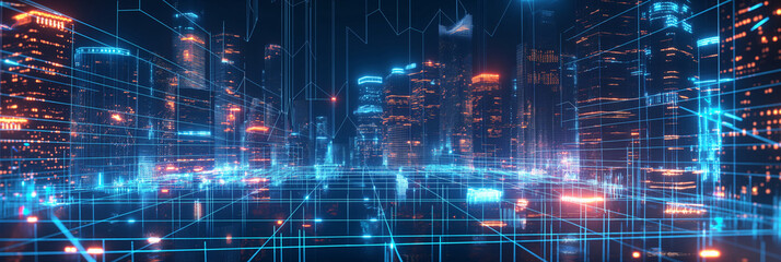 glowing polygonal wireframe mesh overlay on a cityscape