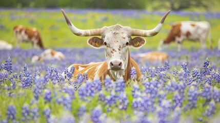 A striking image of longhorn cattle relaxing amidst a blooming bluebonnet field, showcasing the contrast between the animals and the colorful flowers in a pastoral setting.