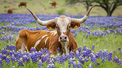 A picturesque rural Texas scene featuring a majestic longhorn among vivid bluebonnets, highlighting the state's iconic flora and fauna in an idyllic countryside setting.