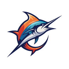 Angry Marlin fish logo. Swordfish fishing emblem for sport club.