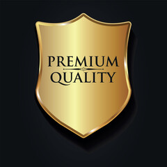 Golden 3D shield with inscription Premium quality. Vector on a black background