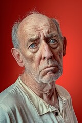 Obraz premium Elderly man with expressive eyes and weary expression poses against a vivid red background, showcasing his deep lines and age in a striking and intimate portrait