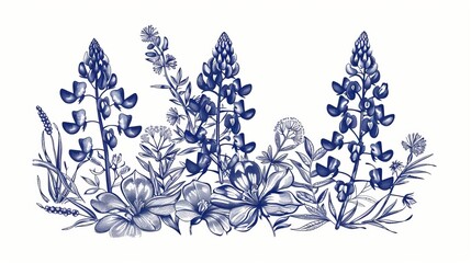 A comprehensive artistic representation of bluebonnet flowers and plants, beautifully detailing the various stages and elements of these native flowers in a vintage style.
