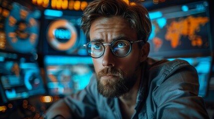 Fototapeta premium The future of digital marketing. A man with glasses and a short beard looks at several monitors with analytics and statistics. Large futuristic office. Cinematic.