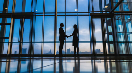 silhouette of businessman and businesswoman shaking hands at the big windows office building