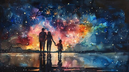 Watercolor family watching fireworks, night sky filled with colors