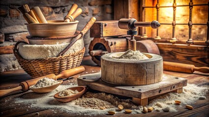 Fototapeta premium Small stone mill with worn wooden handle, surrounded by scattered flour and rolling pin, evoking rustic, nostalgic, homemade atmosphere.