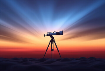 Stargazing scene night sky with silhouette people telescope looking at space in background