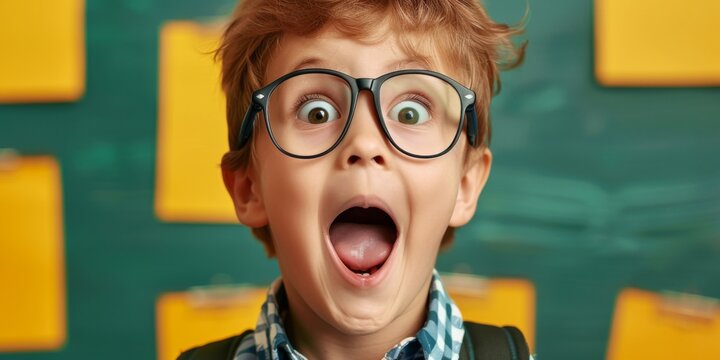 surpised happy school kid, boy in glasses 
