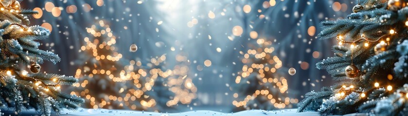 Christmas trees decorated with lights and ornaments, snowy forest, twilight, bokeh effect, festive and magical