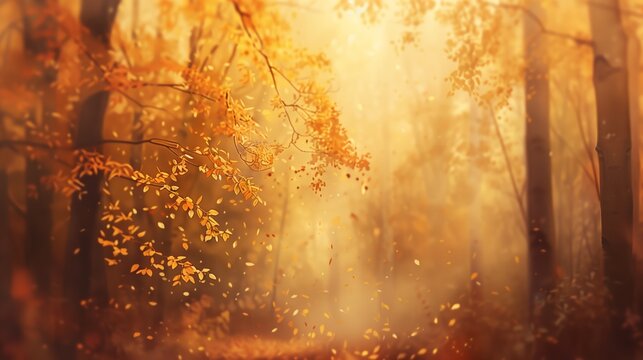 a serene autumn forest with a soft focus effect, with golden leaves softly blurring into the background and creating a warm, nostalgic feel.