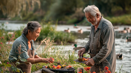 Senior Couple Enjoying a Barbecue by the Lake at Sunset
