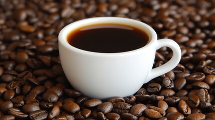 Fototapeta premium Aromatic Freshly Brewed Black Coffee in a White Mug Resting on Toasted Coffee Bean Background