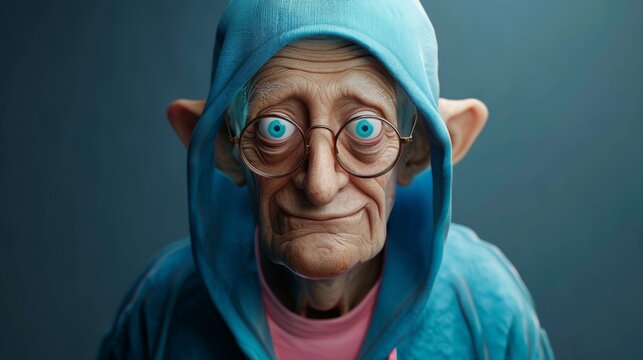 portrait of a man, smiling old bald guy in wire-rimmed glasses, with a blue hood and blue eyes, with big ears, scary, fabulous