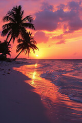 Stunning Tropical Beach Sunset with Palm Trees, Vibrant Colors, and Tranquil Ocean Waves – Perfect for Travel, Vacation, and Nature Photography