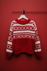 A red and white sweater with a snowflake pattern hangs on a white hanger against a red background.