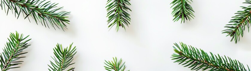 Fototapeta premium Create a minimalist holiday-themed banner ad. Use a white background and green pine sprigs in the corners. The ad should be clean, simple, and elegant.