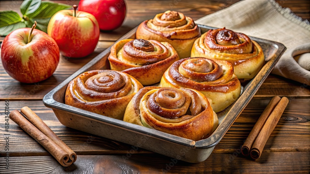 Wall mural Sweet apple cinnamon buns baked in a traditional home bakery, apple, cinnamon, buns, sweet, pastry, homemade, delicious