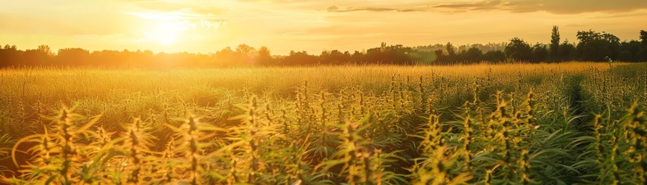A golden sunset casts a warm glow over a lush field of hemp plants, their green leaves reaching towards the sky.