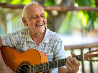 An older man smiles as he plays an acoustic guitar outdoors, sitting on a patio