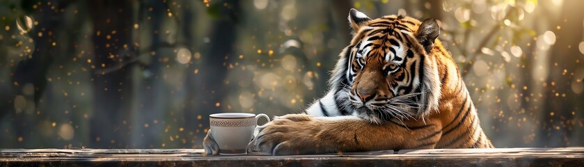 Fototapeta premium A tiger is sitting at a table in the forest. The tiger has a cup of coffee in front of it. The tiger is looking out at the forest. The tiger is thinking about its life.