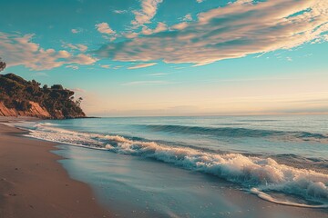 Obraz premium Gentle Waves Lapping the Sandy Shore at Dusk