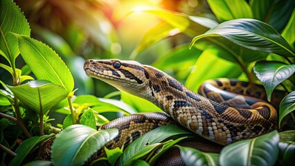 Python snake slithering through lush green jungle foliage, python, snake, jungle, wildlife, reptile, nature, tropical