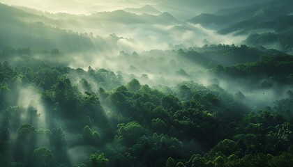 Obraz premium The lush green rainforest is shrouded in a thick mist, creating a mystical and ethereal atmosphere