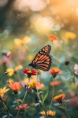 A beautiful close-up of a monarch butterfly perched on a flower in a field of wildflowers.