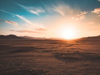 Naklejka premium A vast, red desert landscape with distant mountains and a golden sunset