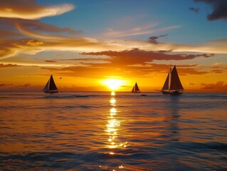 Sailboats navigate the calm ocean waters during a vibrant sunset