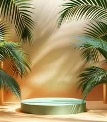 Fototapeta premium Minimalist podium stage with soft green platform and tropical palm leaves in a serene setting