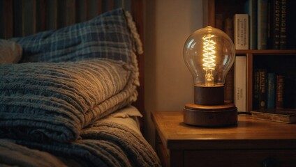 A warm glowing light bulb inside a cozy bedside lamp
