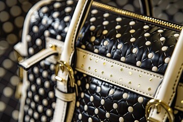 Close up of a black and white polka dot handbag with gold accents