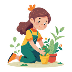 Cute little girl with shovel planting young tree in the tub