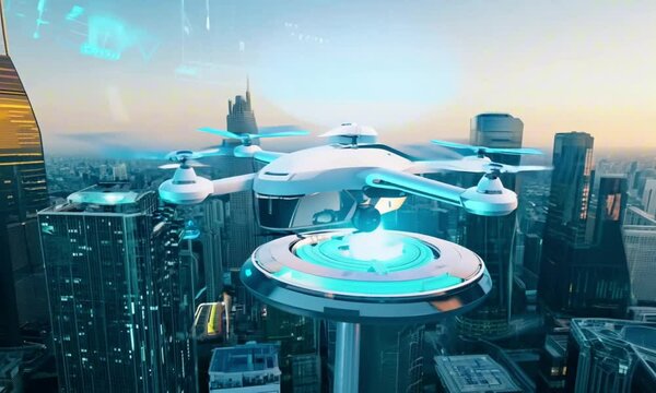 futuristic roto passenger drone flying in the sky over city for future air transportation and robotaxi concept