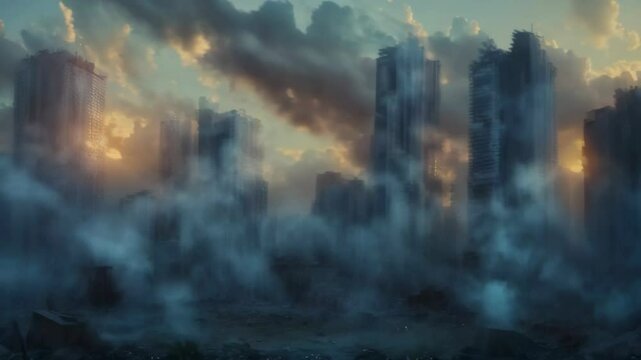 Destruction, war concept timelapse. City skyscrapers transform into destroyed buildings after a bomb or cataclysm. Morphing 4k