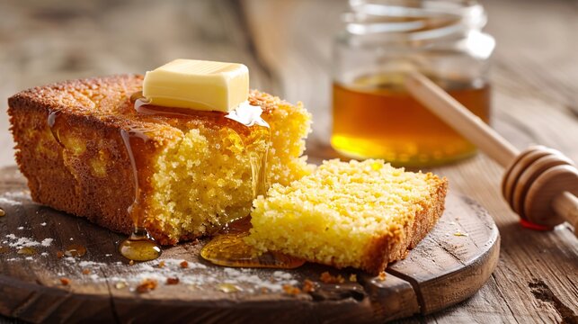A serving of cornbread with a golden crust, sliced and served with butter and honey on a wooden board