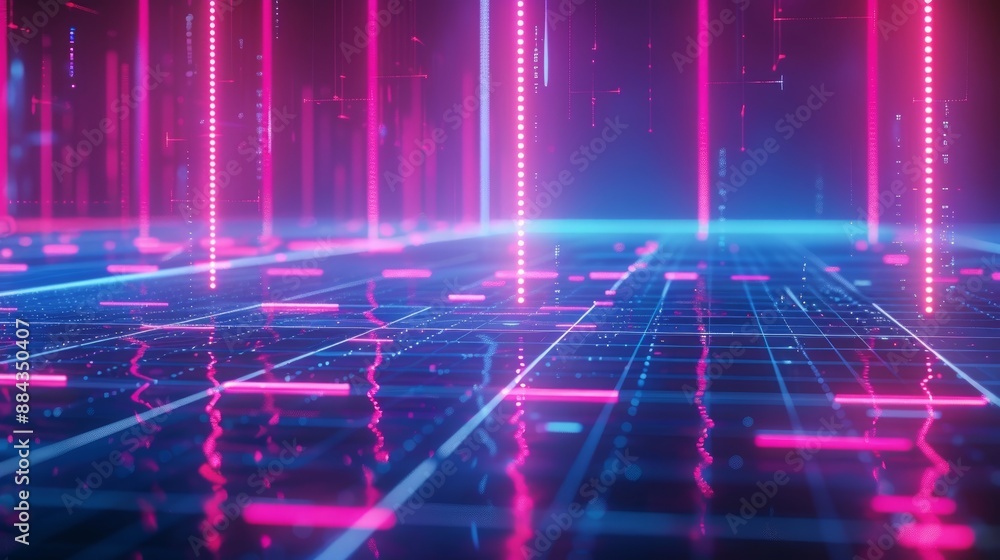 Poster abstract futuristic technology background with glowing neon light and grid line pattern, 3d renderin