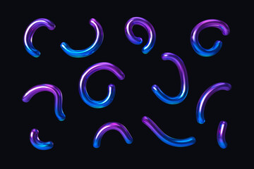Fototapeta premium Hologram y2k abstract shape. 3d gradient neon line curve element on black background. Futuristic y2k pattern. Graphic fluid chrome element for trendy cyberpunk design. Vector 3d illustration