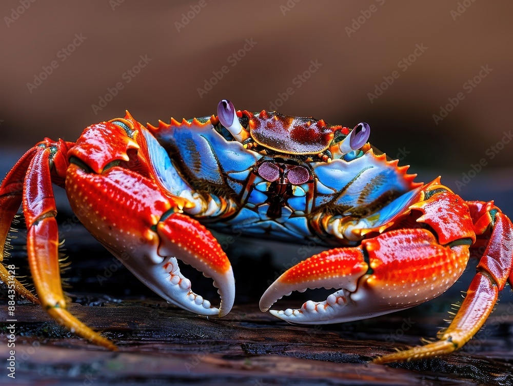 Poster close-up macro shot of red mud crab with distinctive claws and detailed shell in natural light