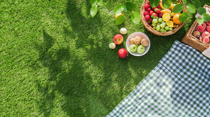 top view of summer picnic setup on a green lawn