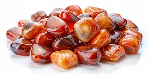 Tumbled carnelian agate gemstones on a white background , gemstones, carnelian, agate, tumbled, colorful, vibrant, polished