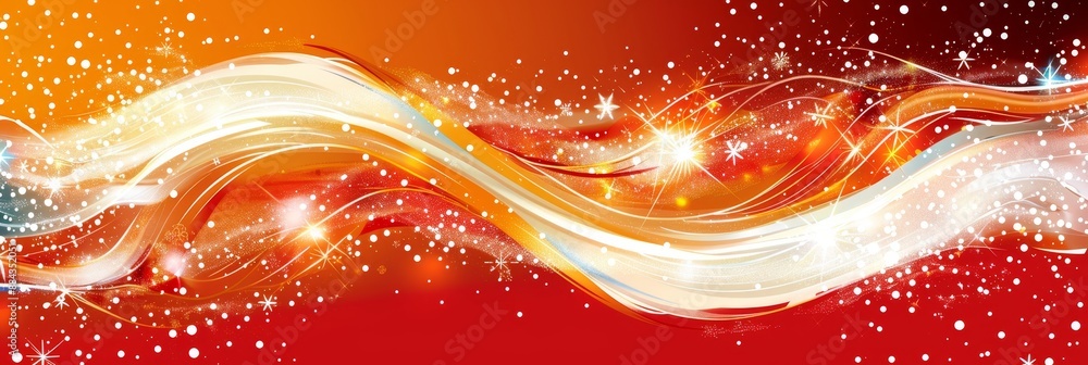 Wall mural festive abstract background red and orange waves, snowflakes, and sparkling holiday lights