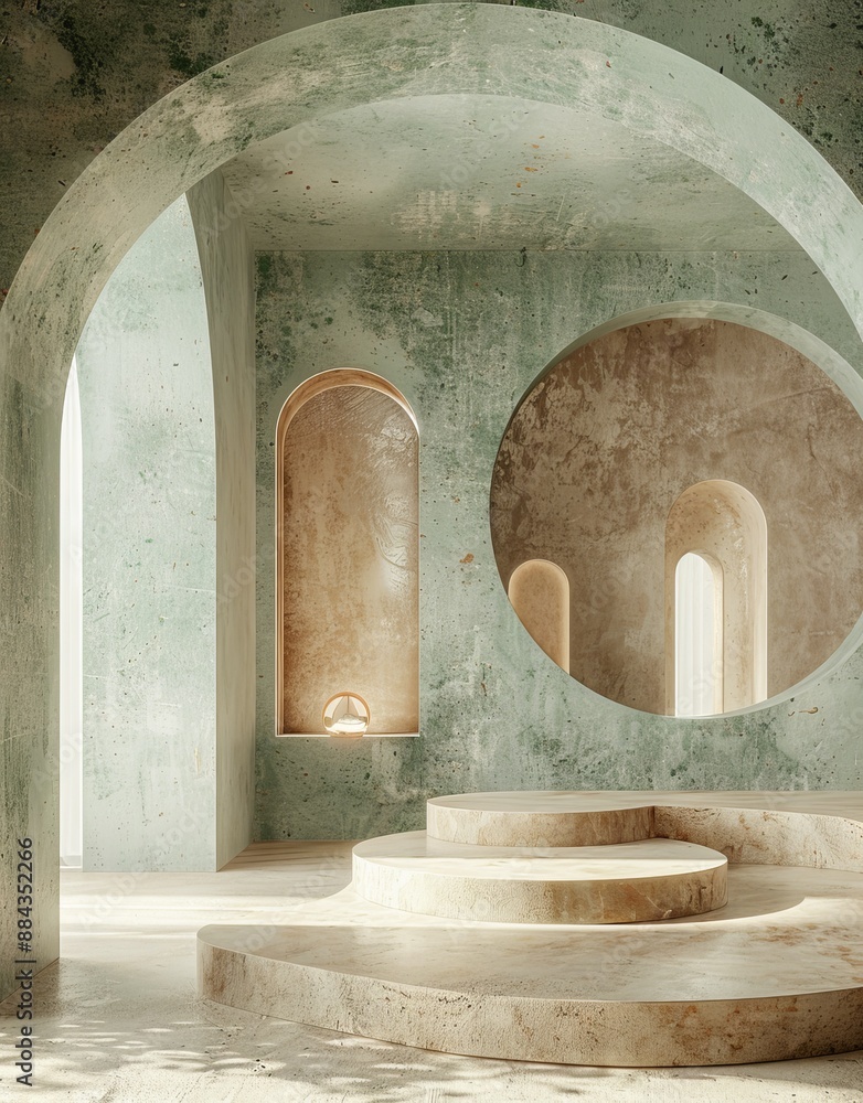 Poster minimalist architectural stage design with circular and arched features in soft lighting