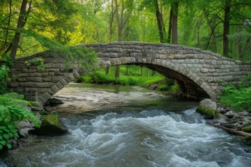 Fototapeta premium Idyllic scene of an old stone bridge crossing a babbling brook in a lush, green woodland