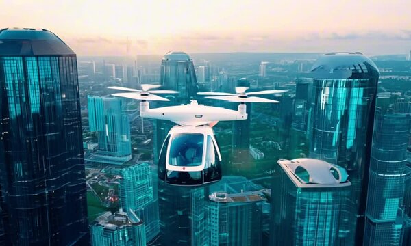 futuristic roto passenger drone flying in the sky over city for future air transportation and robotaxi concept